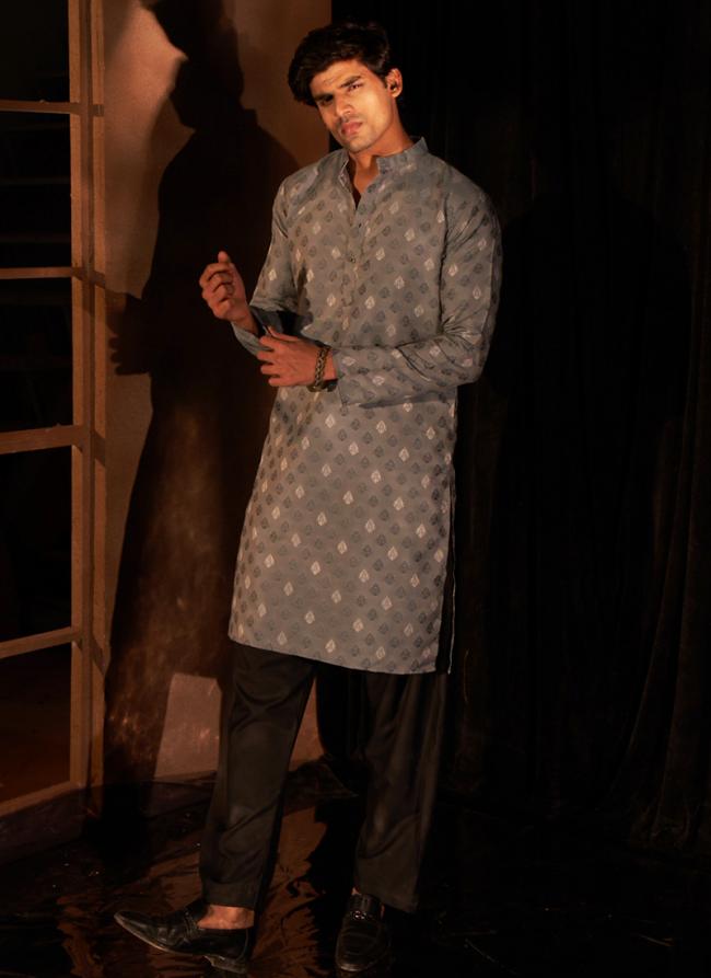 Viscose Greyish Blue Eid Wear Wevon Designer Readymade Kurta Pajama